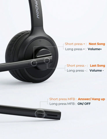 Mpow M5 Pro Trucker V5.0 Bluetooth Headset With 200H Charging Station, Over The Head Cell Phone Headset With Noise-Canceling Microphone, Comfort-Fit Truck Driver Headset For Call Center, Office