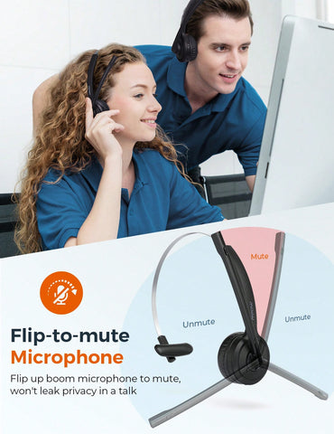 Mpow M5 Pro Trucker V5.0 Bluetooth Headset With 200H Charging Station, Over The Head Cell Phone Headset With Noise-Canceling Microphone, Comfort-Fit Truck Driver Headset For Call Center, Office