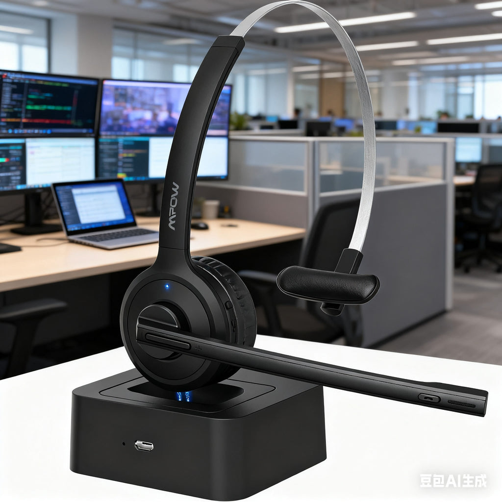Mpow M5 Pro Trucker V5.0 Bluetooth Headset With 200H Charging Station, Over The Head Cell Phone Headset With Noise-Canceling Microphone, Comfort-Fit Truck Driver Headset For Call Center, Office