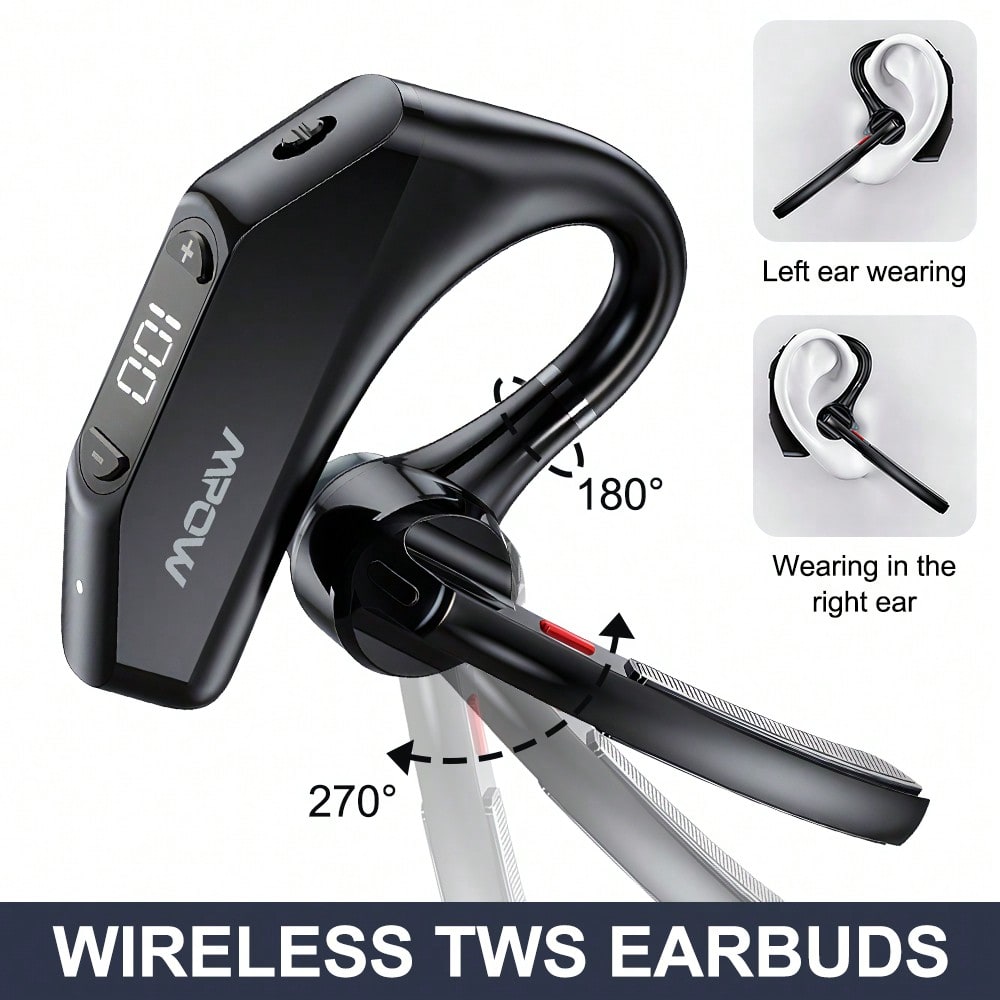 V23 Black Bluetooth 5.3 Single-Ear Button-Operated In-Ear Headphones 270° Self-Use Rotation Universal For Left And Right Ears One-Button Mute IPX6 Waterproof