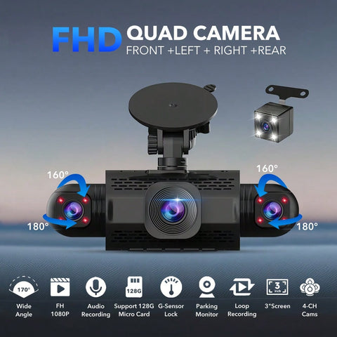 FHD 1080P 4 Channel 360° Dash Cam With G-Sensor Loop Recording Night Vision 3.16-Inch Screen 24 Hours Parking Monitoring