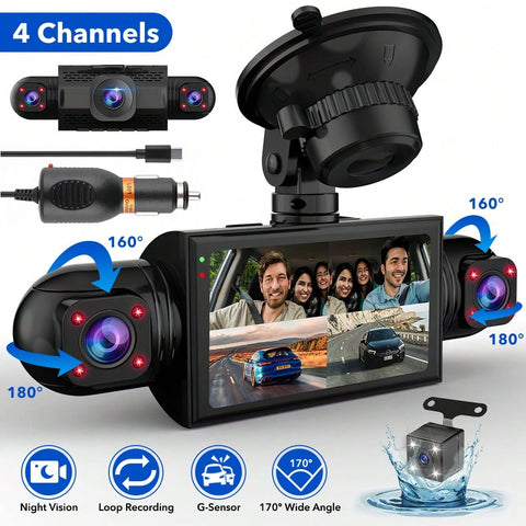 FHD 1080P 4 Channel 360° Dash Cam With G-Sensor Loop Recording Night Vision 3.16-Inch Screen 24 Hours Parking Monitoring