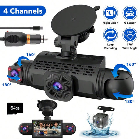 FHD 1080P 4 Channel 360° Dash Cam With G-Sensor Loop Recording Night Vision 3.16-Inch Screen 24 Hours Parking Monitoring