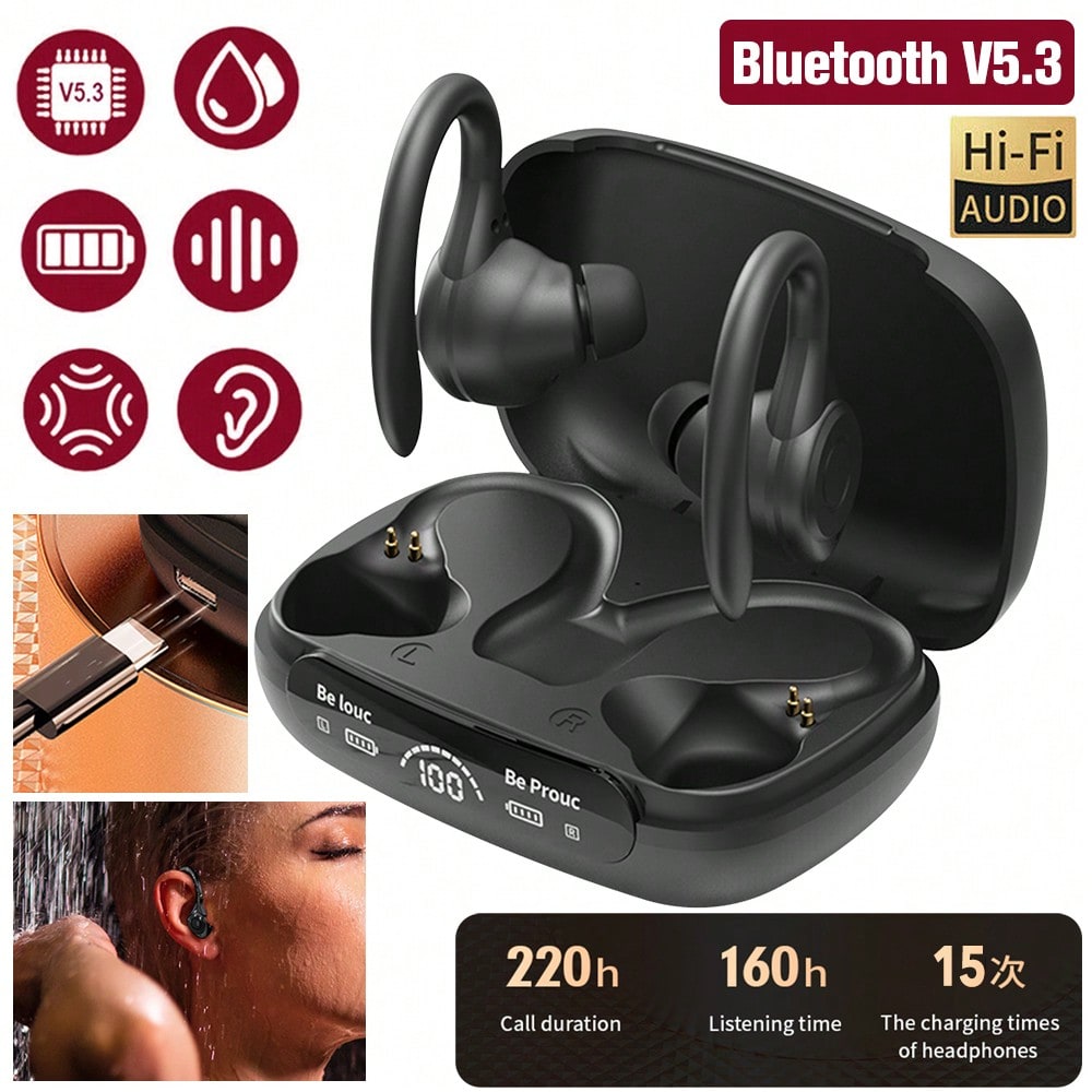 Wireless Earbuds Bluetooth 5.3 TWS Headphones 160Hrs Playtime With Charging Case LED Diaplay Hi-Fi Sweatproof Noise Canceling Over Ear Earhooks Earphone