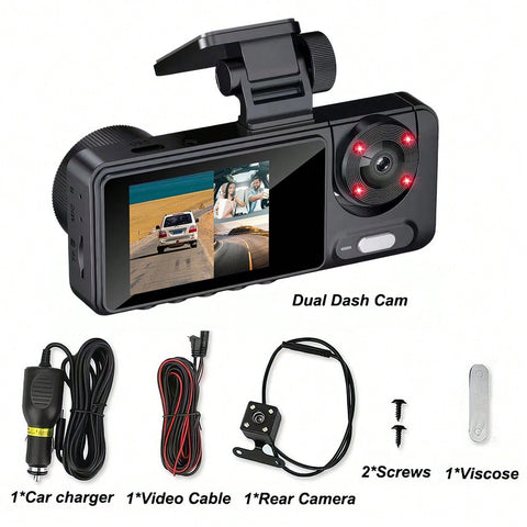 1080P 3 Channel Dash Cam  Front/Inside/Rear View DVR Video Recorder Driving Recorder Loop Recording Night Vision G-Sensor, Triple Screens In One