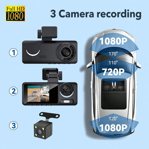 1080P 3 Channel Dash Cam  Front/Inside/Rear View DVR Video Recorder Driving Recorder Loop Recording Night Vision G-Sensor, Triple Screens In One