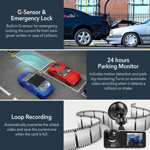 1080P 3 Channel Dash Cam  Front/Inside/Rear View DVR Video Recorder Driving Recorder Loop Recording Night Vision G-Sensor, Triple Screens In One
