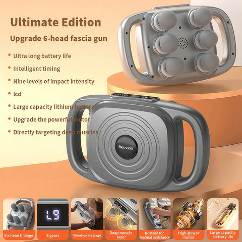 Professional 6-Head Fascia Massage Gun With Upgraded Six-Rod Technology, 9 Modes, 9 Intensity Levels, Full-Body Deep High-Frequency Vibration, Muscle Relaxation, USB Charging, 2400mAh High-Capacity Lithium Battery, LED Display, Powerful Low-Noise Motor Fo