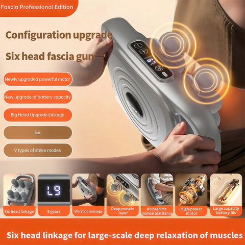 Professional 6-Head Fascia Massage Gun With Upgraded Six-Rod Technology, 9 Modes, 9 Intensity Levels, Full-Body Deep High-Frequency Vibration, Muscle Relaxation, USB Charging, 2400mAh High-Capacity Lithium Battery, LED Display, Powerful Low-Noise Motor Fo