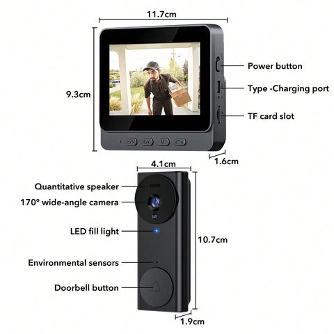 4.3 Inch Screen Video Doorbell 2.4G Wireless Doorbell Camera With Video Two-Way Audio 130° Angle For Outdoor, Video Doorbell No Subscription No APP No WiFi
