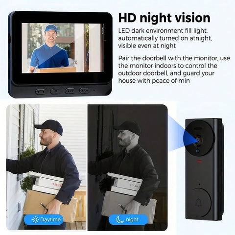 4.3 Inch Screen Video Doorbell 2.4G Wireless Doorbell Camera With Video Two-Way Audio 130° Angle For Outdoor, Video Doorbell No Subscription No APP No WiFi