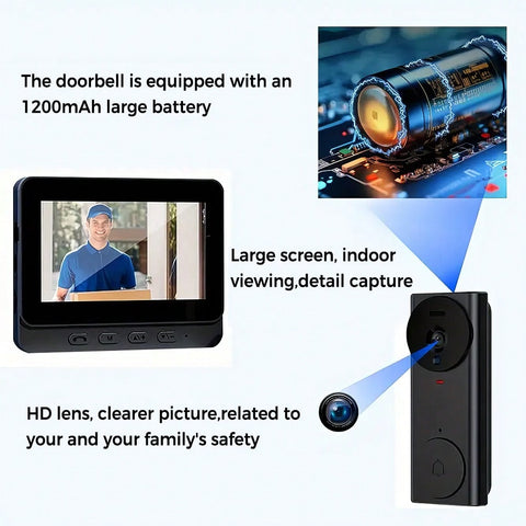 4.3 Inch Screen Video Doorbell 2.4G Wireless Doorbell Camera With Video Two-Way Audio 130° Angle For Outdoor, Video Doorbell No Subscription No APP No WiFi
