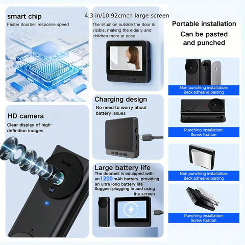 4.3 Inch Screen Video Doorbell 2.4G Wireless Doorbell Camera With Video Two-Way Audio 130° Angle For Outdoor, Video Doorbell No Subscription No APP No WiFi