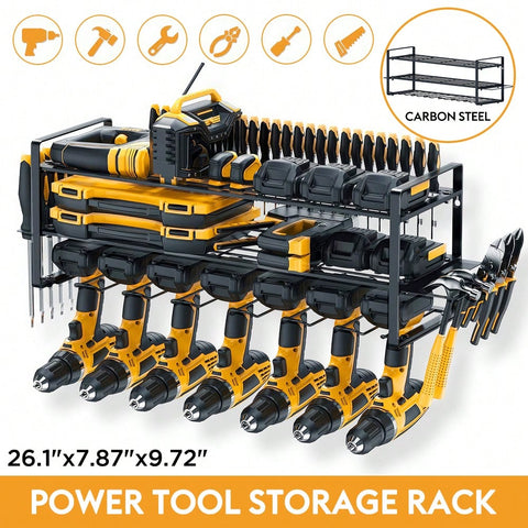 Power Tool Organizer For Tool Storage, Drill Holder Wall Mount With Charging Station, Tool Holder And Storage Rack For Garage Organization, Heavy Duty Metal Tool Shelf With Battery Holder
