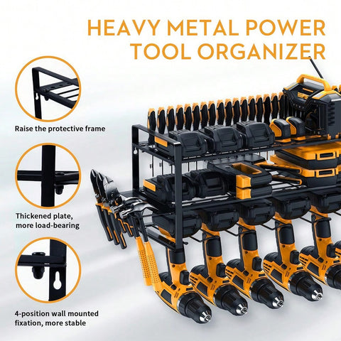 Power Tool Organizer For Tool Storage, Drill Holder Wall Mount With Charging Station, Tool Holder And Storage Rack For Garage Organization, Heavy Duty Metal Tool Shelf With Battery Holder