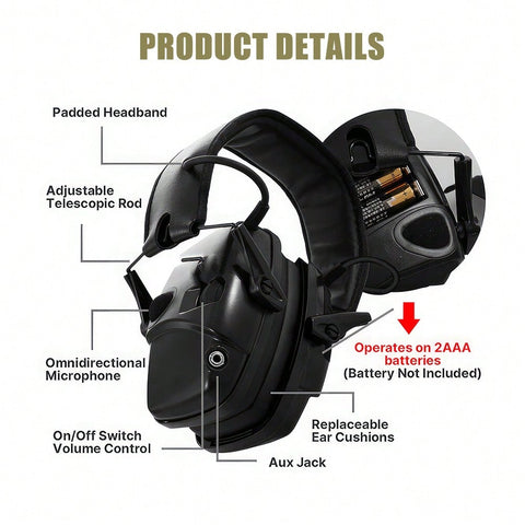Foldable Electronic Ear Defenders Ear Protect Muffs | Noise Reduction Impact Sport Shooting | Built-In Orienteering Microphone | Integrated Power/ Volume Knob | Powered By 2 AAA Batteries