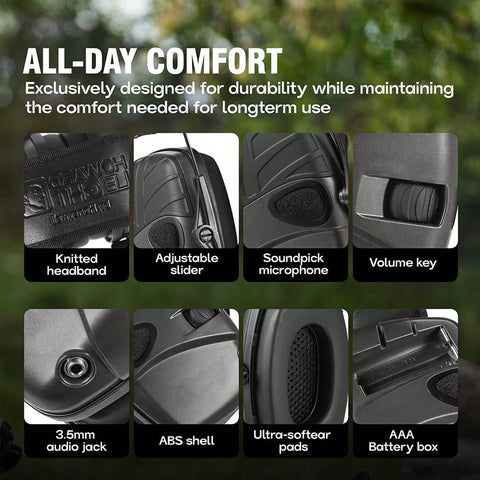 Foldable Electronic Ear Defenders Ear Protect Muffs | Noise Reduction Impact Sport Shooting | Built-In Orienteering Microphone | Integrated Power/ Volume Knob | Powered By 2 AAA Batteries