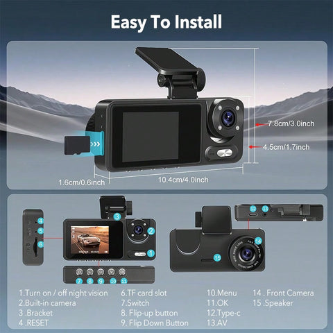 FHD 1080P 3 Channel Dash Cam For Cars | 170° Wide-Angle Front Cam, 110° In-Car Cam, 120° Rear Cam | Triple Screens In One | Night Vision With WDR 4 Infrared LED Lights | Inbuilt G-Sensor And Loop Recording | 24 Hours Parking Mode