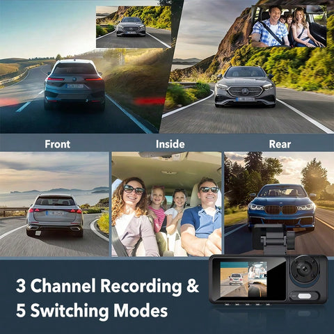 FHD 1080P 3 Channel Dash Cam For Cars | 170° Wide-Angle Front Cam, 110° In-Car Cam, 120° Rear Cam | Triple Screens In One | Night Vision With WDR 4 Infrared LED Lights | Inbuilt G-Sensor And Loop Recording | 24 Hours Parking Mode
