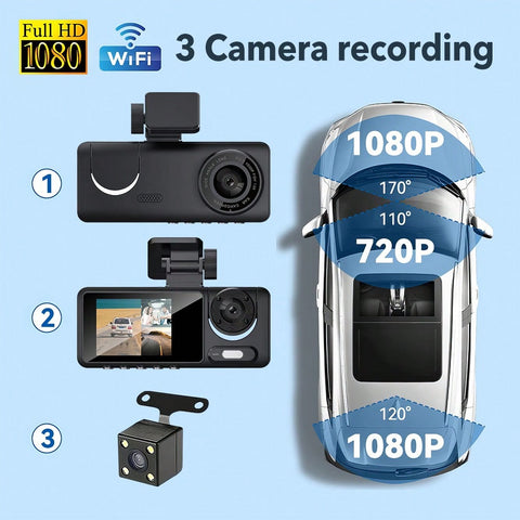 FHD 1080P 3 Channel Dash Cam For Cars | 170° Wide-Angle Front Cam, 110° In-Car Cam, 120° Rear Cam | Triple Screens In One | Night Vision With WDR 4 Infrared LED Lights | Inbuilt G-Sensor And Loop Recording | 24 Hours Parking Mode