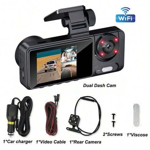 FHD 1080P 3 Channel Dash Cam For Cars | 170° Wide-Angle Front Cam, 110° In-Car Cam, 120° Rear Cam | Triple Screens In One | Night Vision With WDR 4 Infrared LED Lights | Inbuilt G-Sensor And Loop Recording | 24 Hours Parking Mode