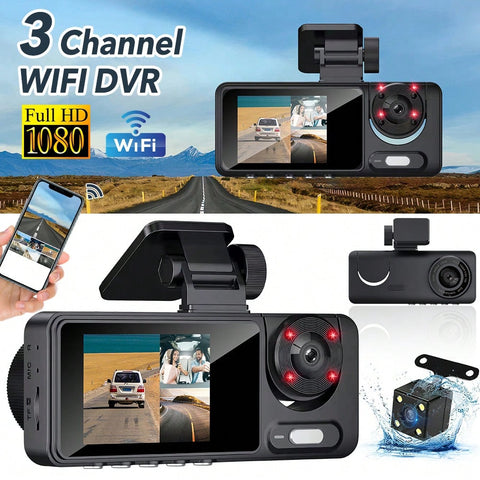 FHD 1080P 3 Channel Dash Cam For Cars | 170° Wide-Angle Front Cam, 110° In-Car Cam, 120° Rear Cam | Triple Screens In One | Night Vision With WDR 4 Infrared LED Lights | Inbuilt G-Sensor And Loop Recording | 24 Hours Parking Mode