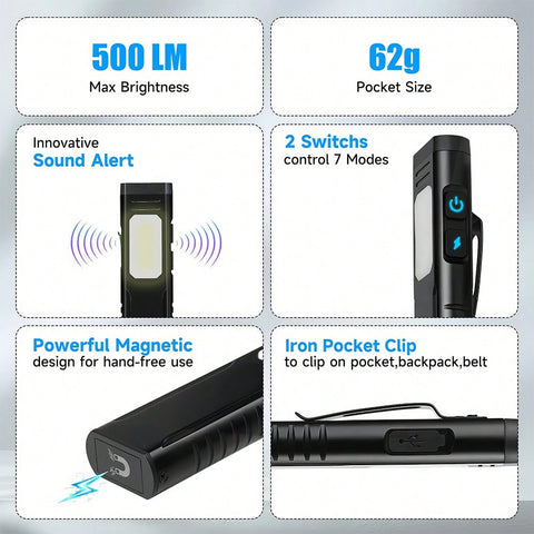Only 62g Rechargeable Pocket EDC Flashlight With Buzzer | 7-Mode Side-Light | 500 Lumens | Clip-On Handheld |  Suitable For Outdoors, Home, And Work