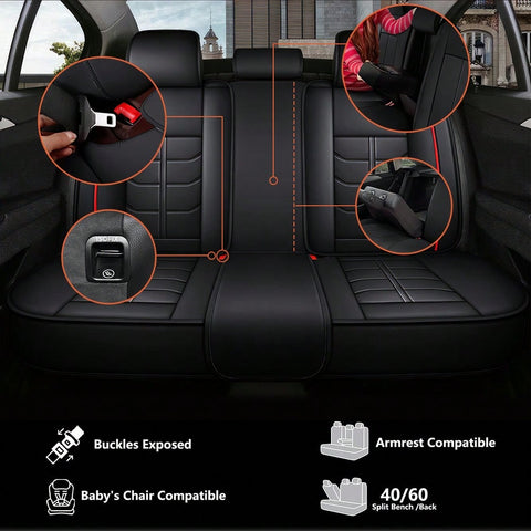 Leather Car 5 Seat Covers for Most Cars SUV and Most Sedans Hatchbacks Crossovers | seat covers with lumbar support | 2 front seat covers and 3 back seat covers | crafted from premium NAPPA Leather | install by chuck and hook | 5 different colors