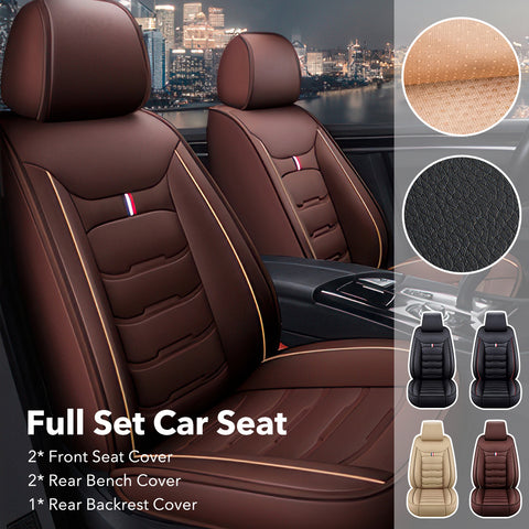 通用全套五座汽车座椅套，采用优质皮革制成，设计奢华，触感柔软，透气性好，适用于大多数轿车和SUV，尺寸详情请见图片