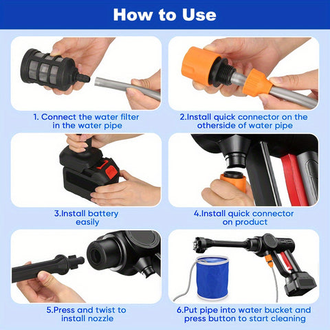 无绳高压清洗枪，6.0Ah 电池供电，适用于汽车、自行车、墙壁、窗户以及难以触及的角落