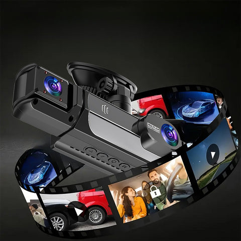 三摄像头行车记录仪，配备 4 个红外车内灯、170 度广角镜头 + 150 度车内镜头 + 120 度后置镜头，为您的驾驶提供更多便利，保障您的安全。内置重力感应，易于安装