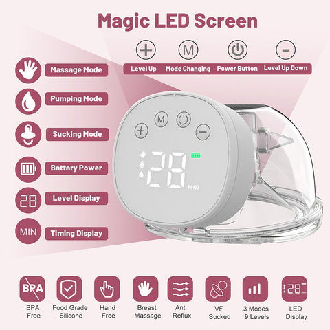 Portable hands-free breast pump, smart display wearable breast pump, 3 modes and 9 suction levels, 24mm breast shield