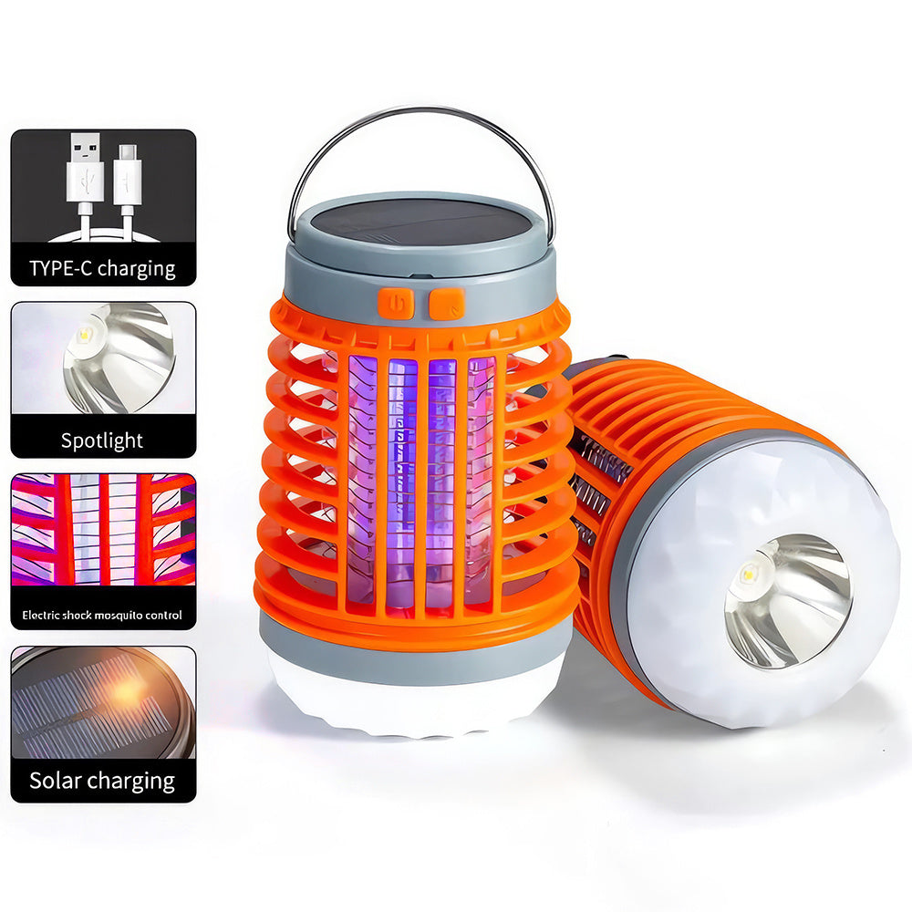 Solar Camping Lamp, LED Electric Shock Mosquito Killer Lamp, Portable Suitable for the Home Garden, Camping, and Picnic (Orange)