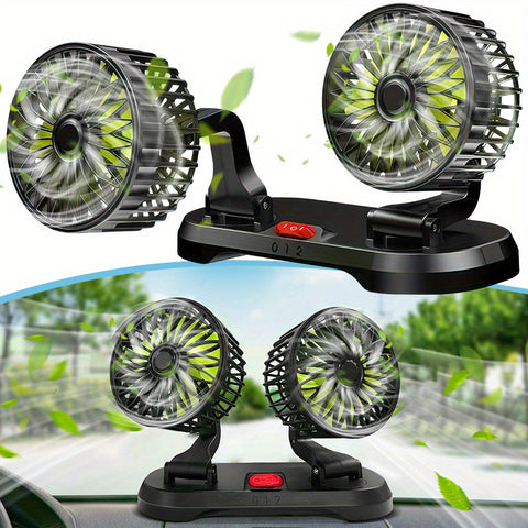 夏日车内救星！双头 USB 车载风扇，强劲降温。风速可调，底座 360°、夹子 90° 旋转，紧凑适配汽车、SUV、卡车，实用便携，舒适度拉满