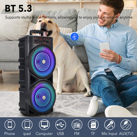 6000W Speaker, With 8.5'' Subwoofer Ture Wireless Pairing, Outdoor/ Indoor Use, Support BT V5.3, Remote Control, Microphone, Radio, TF Card, RGB Lights Outdoor Speaker, For Party Camping Street Performance