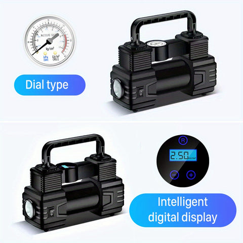 车载充气泵，最大胎压150 PSI，可在90秒内为4个汽车轮胎充气，配备3个不同型号的充气嘴，支持自动充气和自动停止功能