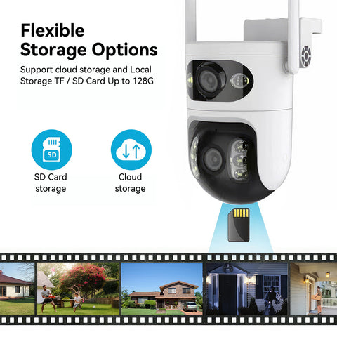 Dual Lens Dual Screen Indoor Wifi Camera with 5GHz 2.4GHz WiFi 355° Pan 90° Tilt AI Human Detection 3 Night Vision Modes 2 Way Audio Support 128GB TF Card Cloud Storage for Home Monitoring