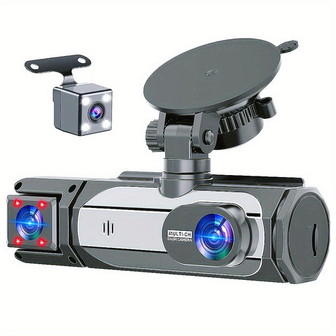 安全出行的好帮手！全新升级的三摄像头行车记录仪，配备4个红外驾驶室灯和清晰的夜视功能，内置重力传感器和循环录像功能，非常适合Uber、Lyft和出租车等共享出行司机