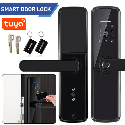 This WiFi smart door lock features a handle, remote unlocking via graffiti, a sensitive touchscreen, and biometric fingerprint/password IC card functionality. It comes with two mechanical keys and two access cards