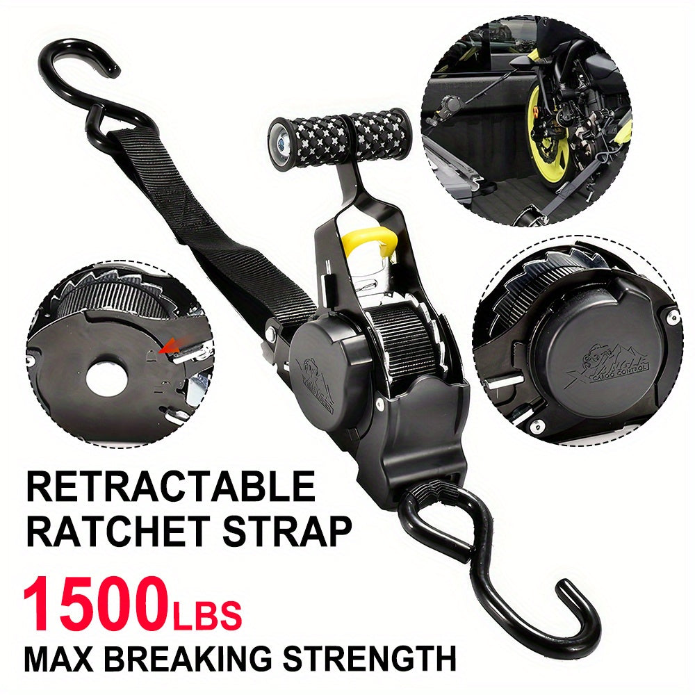 1/2 piece automatic retractable ratchet rope, maximum breaking strength 1500 lbs, with soft handle and S-hook, suitable for cargo transport, motorcycle handling and securing