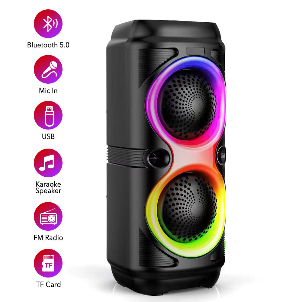 便携式双扬声器立体声低音炮RGB灯光带麦克风，支持U盘或TF卡，HiFi立体声，深沉低音，卡拉OK输入