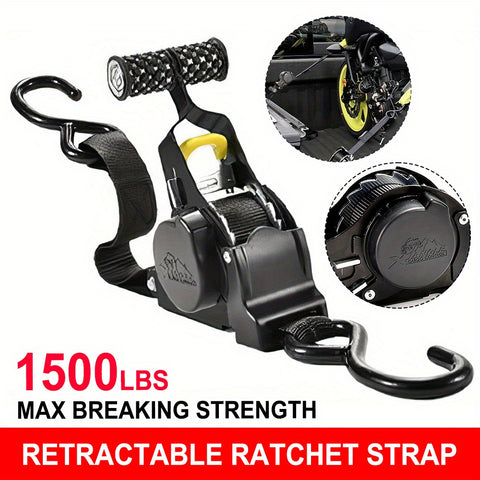 1/2 piece automatic retractable ratchet rope, maximum breaking strength 1500 lbs, with soft handle and S-hook, suitable for cargo transport, motorcycle handling and securing