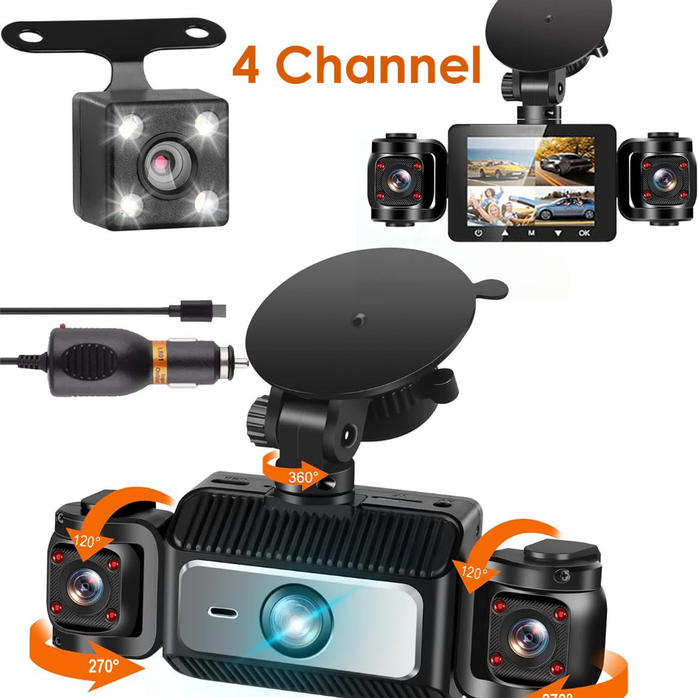 FHD 1080P 三通道行车记录仪，360° 全方位，前后左右多通道，适用于汽车行车记录仪，夜视，三屏合一