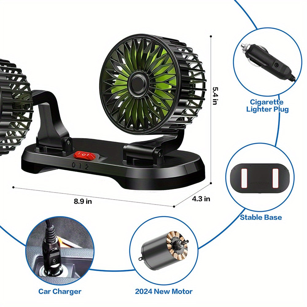 夏日车内救星！双头 USB 车载风扇，强劲降温。风速可调，底座 360°、夹子 90° 旋转，紧凑适配汽车、SUV、卡车，实用便携，舒适度拉满