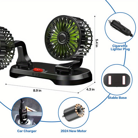 夏日车内救星！双头 USB 车载风扇，强劲降温。风速可调，底座 360°、夹子 90° 旋转，紧凑适配汽车、SUV、卡车，实用便携，舒适度拉满