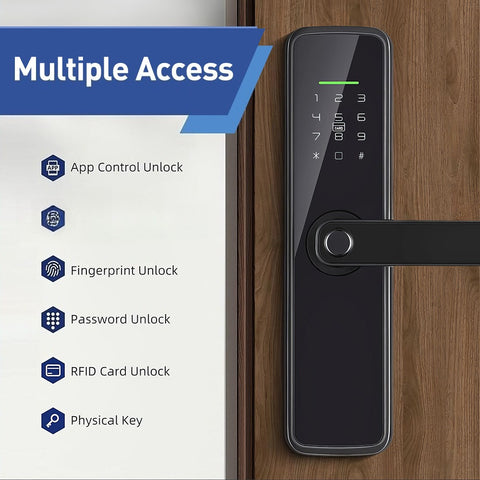 The Tuya smart door lock features a handle, supports remote unlocking, a sensitive touchscreen, and multiple biometric unlocking methods including fingerprint, password, and IC card. It comes with two mechanical keys and two access cards