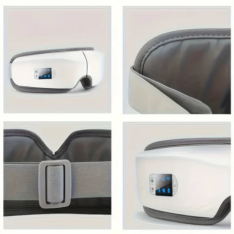 蓝牙音乐眼部按摩仪，具备热敷与振动功能，支持6种按摩模式自由切换。180°折叠设计便携可调节，有效缓解眼干、黑圈与头痛，是送给亲友的贴心圣诞礼物。