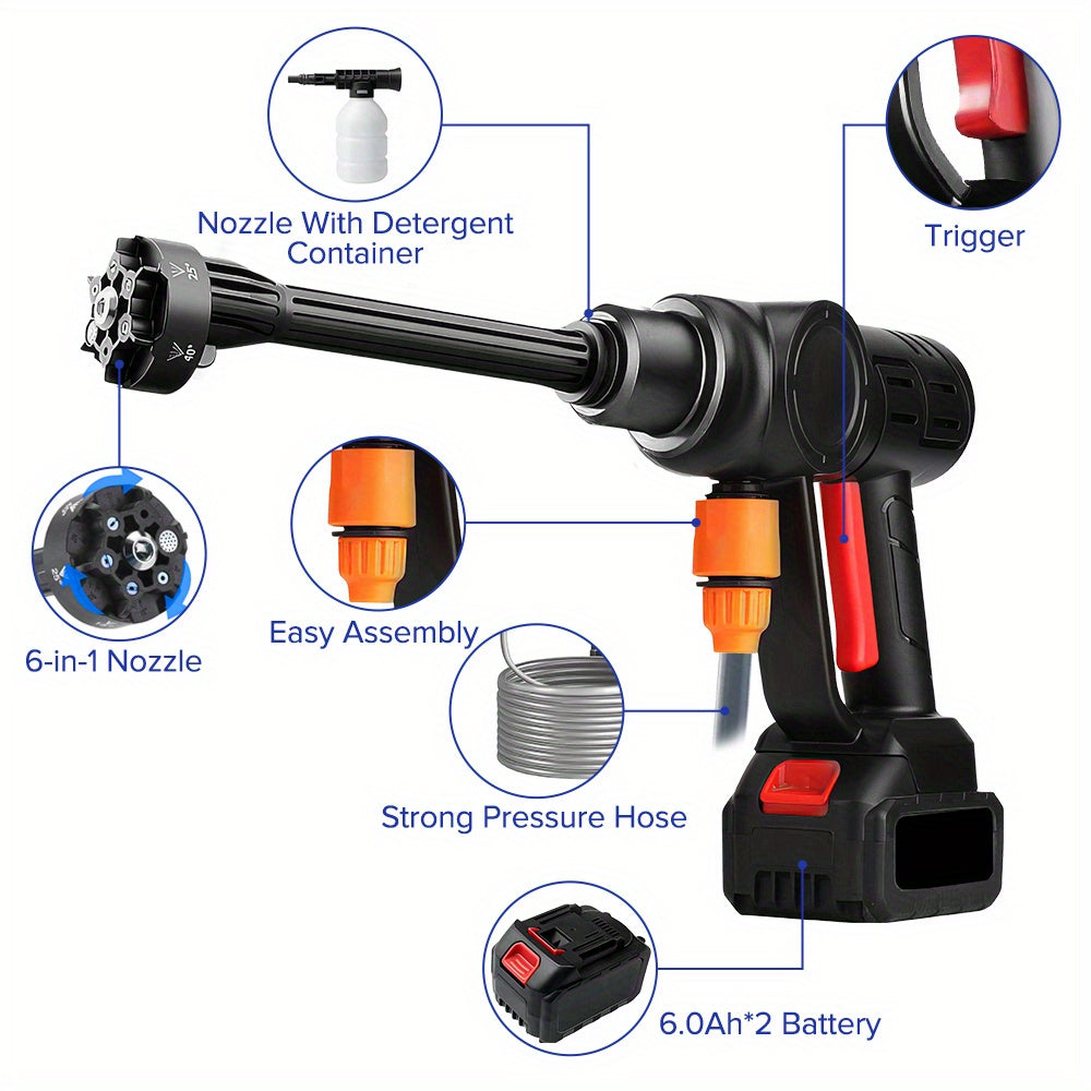 无绳高压清洗枪，6.0Ah 电池供电，适用于汽车、自行车、墙壁、窗户以及难以触及的角落