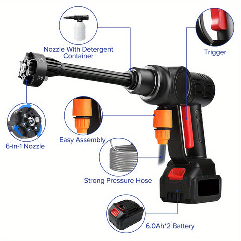 无绳高压清洗枪，6.0Ah 电池供电，适用于汽车、自行车、墙壁、窗户以及难以触及的角落