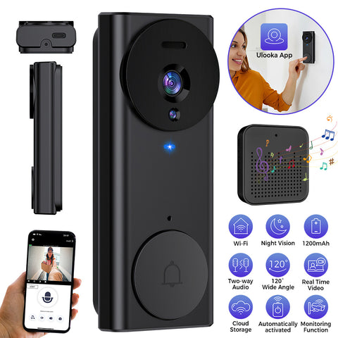 高清智能无线视频门铃摄像头，壁挂式WiFi高清夜视视频门铃，双向音频，120°广角门铃摄像头，无需钻孔，黑色